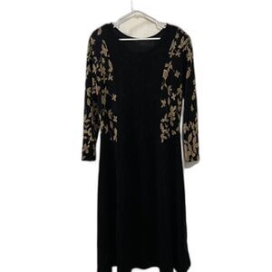 VTG Womens Black Gold Floral Embroidered Midi Dress With Side Slits Size L/XL